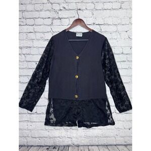 Delta Burke Collection Black Lace Sleeve Button Front Top Womens Medium